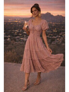 Free People Falling Sun Panelled Cotton Midi Dress Mauve New Medium
